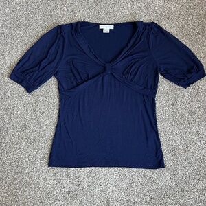 August Silk Blue Front Twist 1/2 Sleeve V Neck Blouse, Size Large
